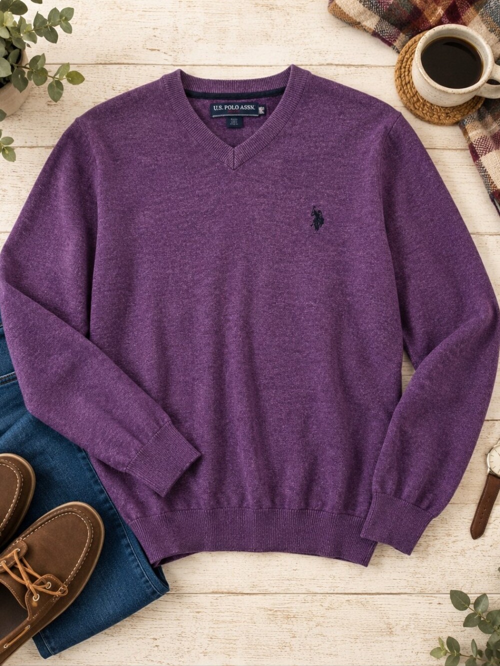 Men’s U.S. Polo Assn. Purple V-Neck Knit Sweater Pullover Medium
